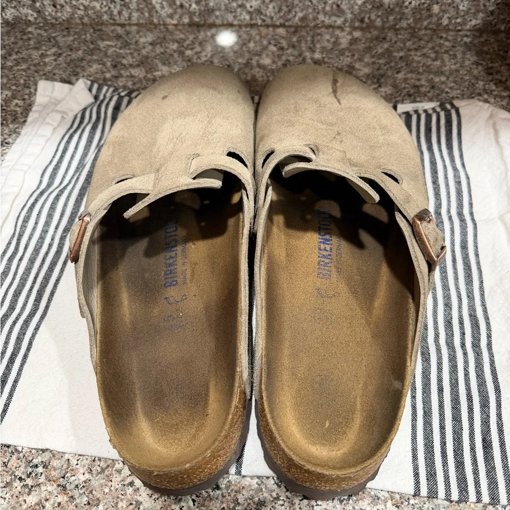 Birkenstock Beige Suede Boston Clogs with Buckle